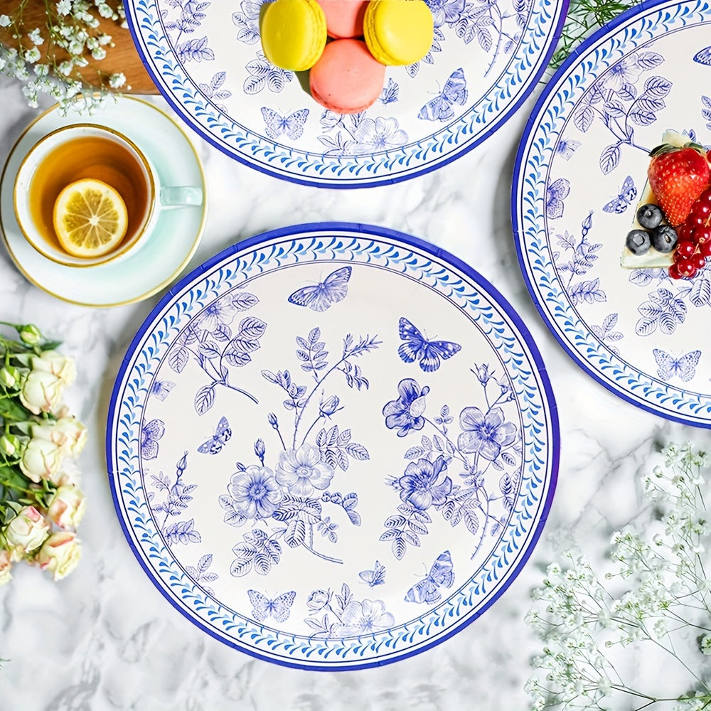 100 pieces of blue and white floral party supplies including dinner plates, dessert plates, napkins, and cups for bridal showers, weddings, tea parties, and birthday parties.