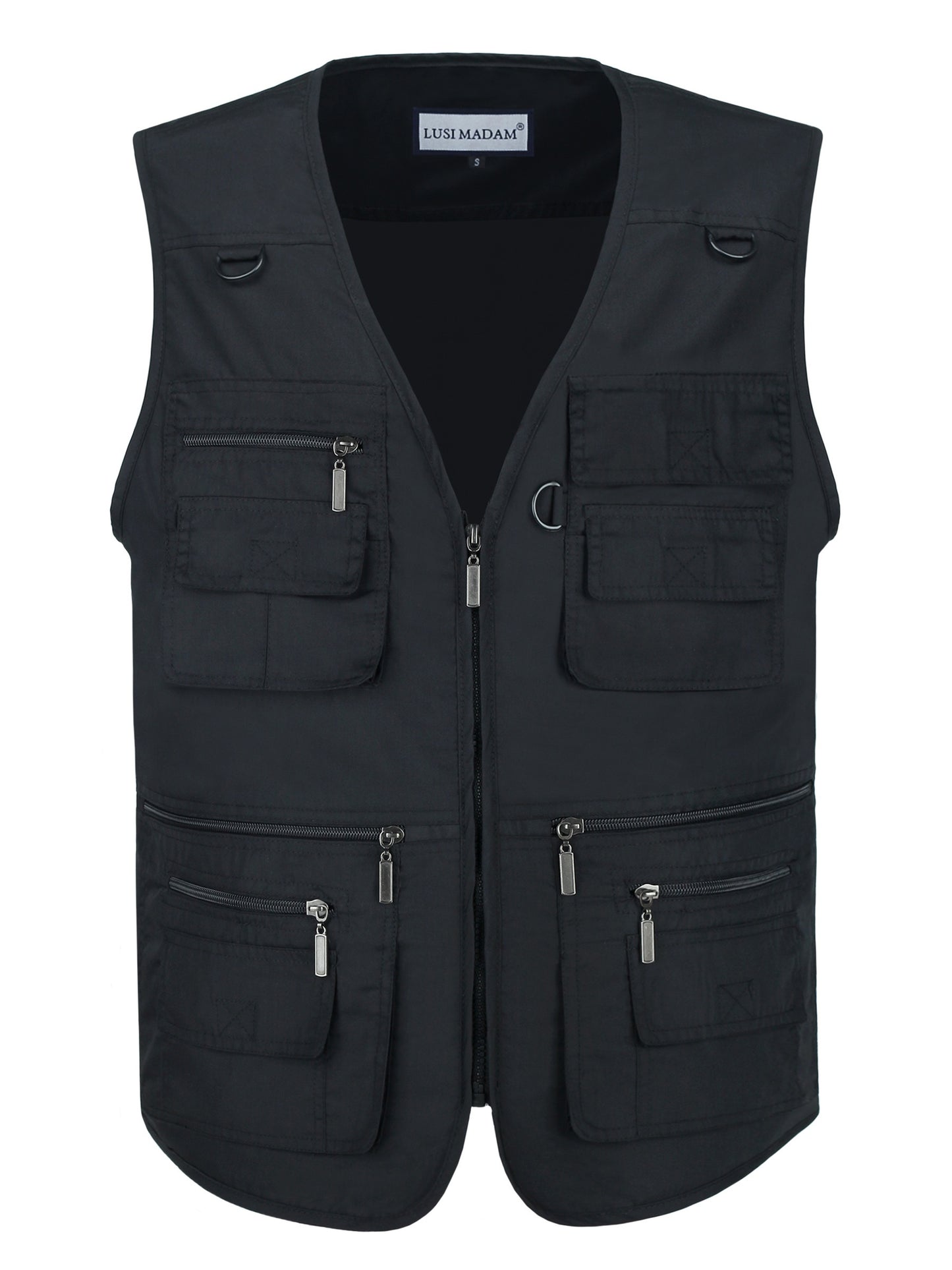 Black polyester blend men's plus size lightweight cargo vest with multiple pockets and zipper for outdoor activities. Perfect for spring/summer, photography, fishing, hunting, and travel.