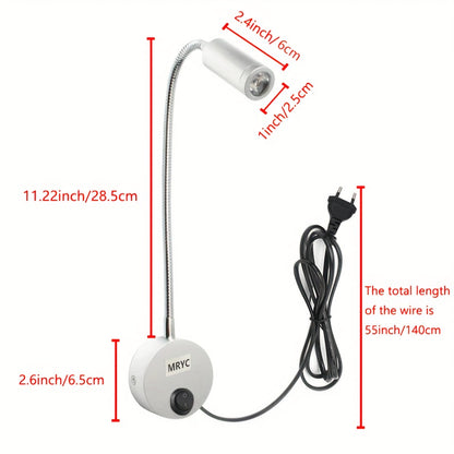 Wall-mounted reading light with flexible goose neck LED spotlight, plug and switch, suitable for bedroom, bedside, office, workbench, studio.