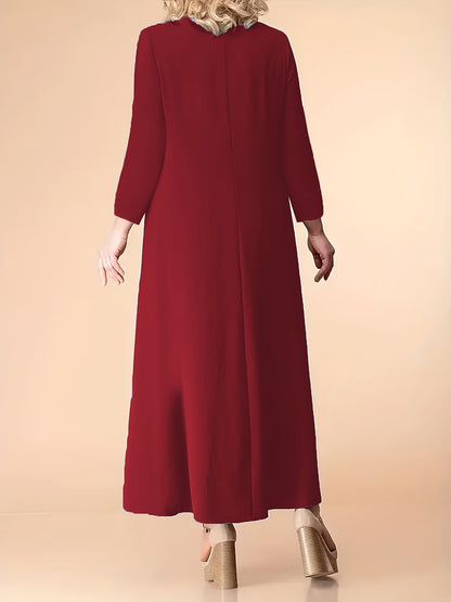 Stylish plus size dress in polyester knit with spandex, featuring a draped crew neck and fit and flare design for all seasons.