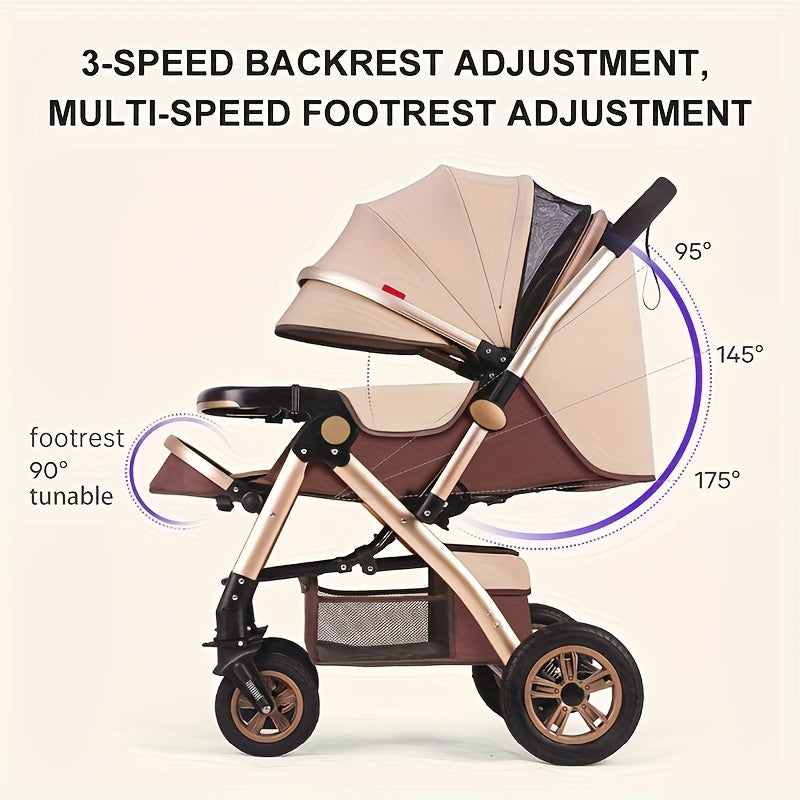 Elegant khaki and brown striped stroller for kids with high carbon steel frame, one-handed fold, storage bag, canopy, front-facing design, single seat, flat recline, perfect for everyday