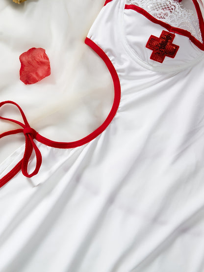 Sexy nurse cosplay costume with bow spaghetti strap design.