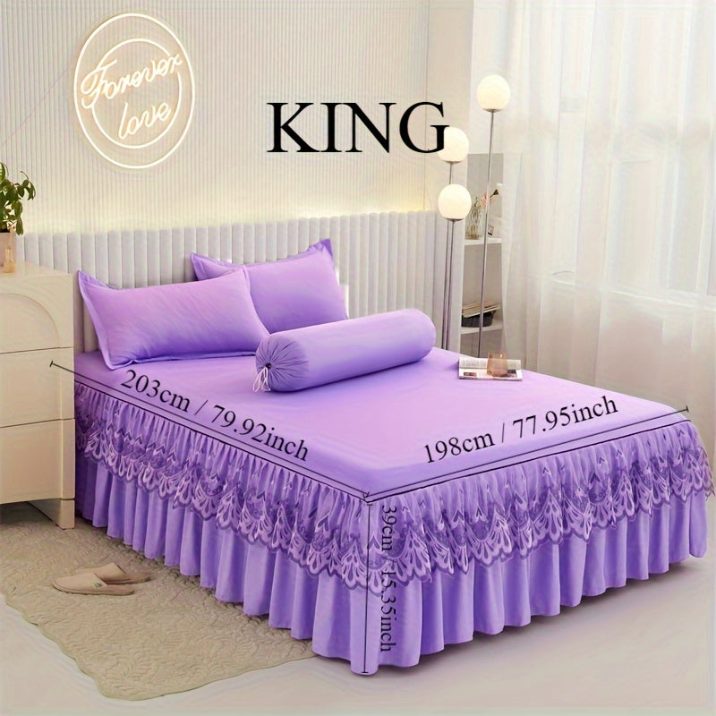 Chic 3-Piece Bed Skirt Set Featuring Double Layer Lace - Comes with 1 Bed Skirt and 2 Pillowcases, in a Solid Color. Non-Slip and Perfect for All Seasons, this Set is Machine Washable for easy care.