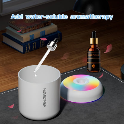 Compact portable humidifier with aromatherapy feature, USB-powered, 180ml mist volume, LED lights, suitable for car and home use, compatible with essential oils (battery not included).