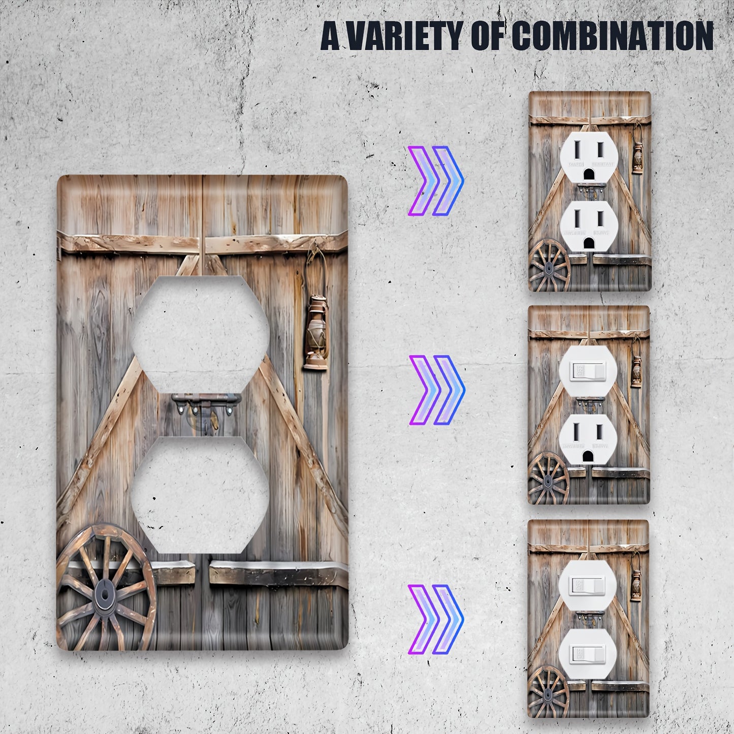 Wooden barn door switch panel for Bedroom electrical switches.