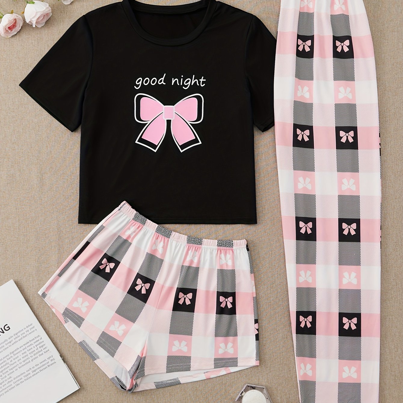 Women's Bow Print Pajamas Set with Short Sleeve Top and Plaid Bottoms