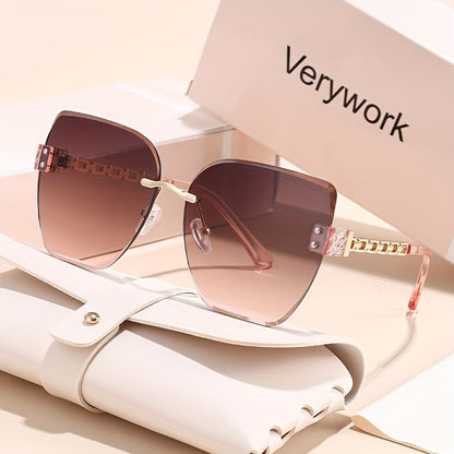 Verywork Women's Retro Square Frame Fashion Glasses with Stainless steel, Gradient Pink to Brown Lenses, Golden-Tone Chain Detail; Perfect for Daily Wear & Carnival; Stylish glasses.