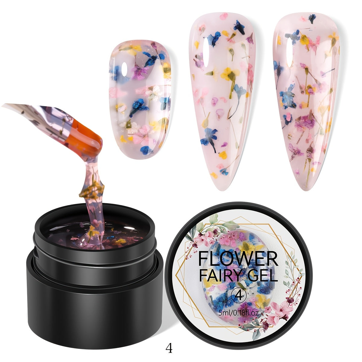 1 bottle of unscented metal compatible soak-off gel nail polish with dried flower design in colors of pink, red, yellow, and blue. Ideal for DIY manicures and nail art.