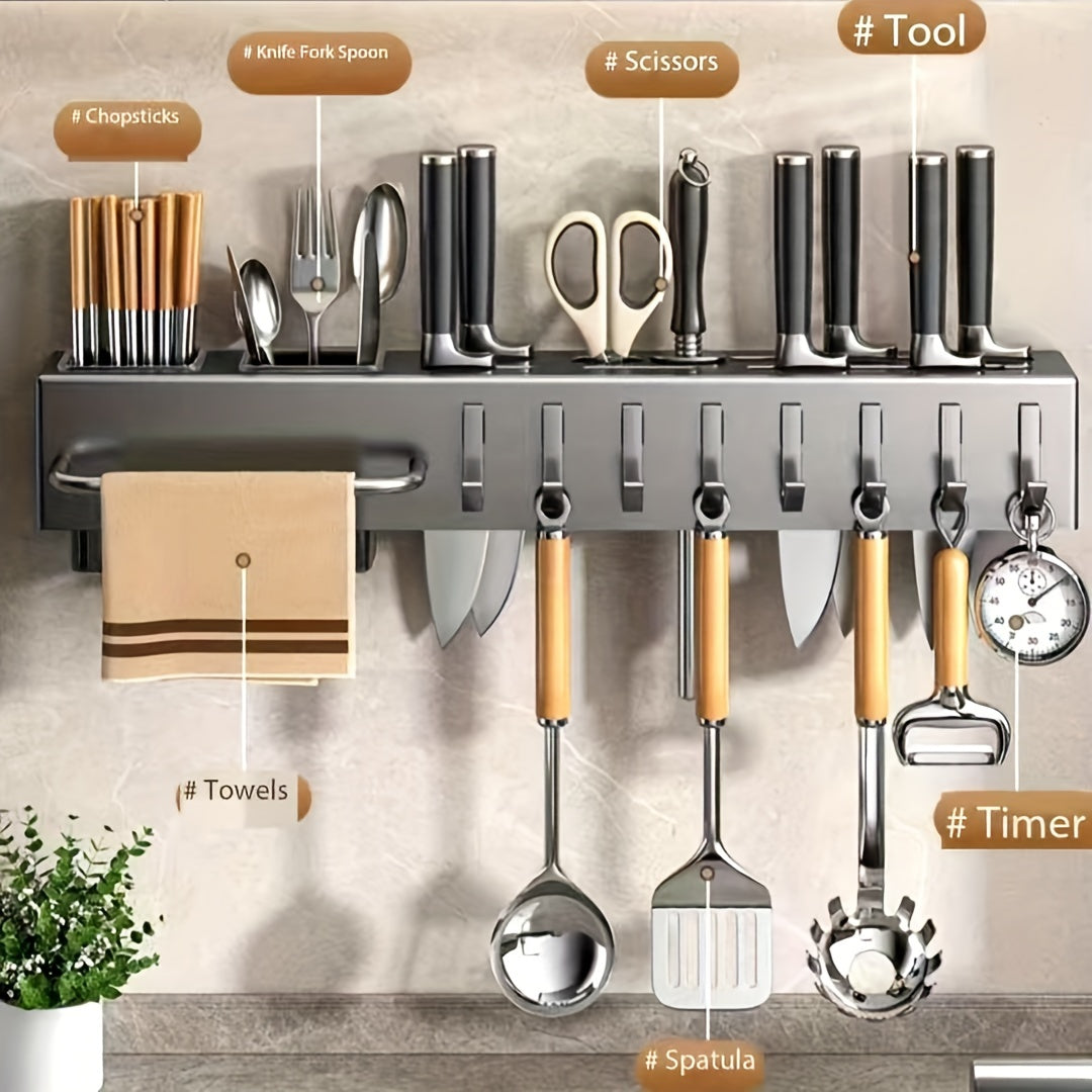 This multi-functional knife storage rack is made of high-quality premium carbon steel and does not require punching for installation. It can store kitchen knives, forks, spoons, woks, spatulas, rags, and chopsticks in one place with dry and wet