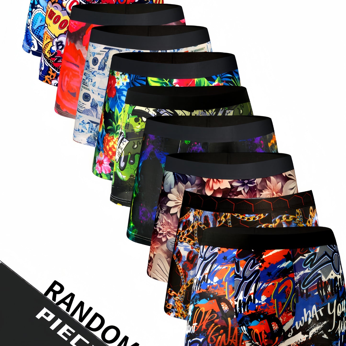 10 men's ice silky boxer briefs with random prints in blue, red, black, green, and floral. Designed for sports and casual wear with a breathable, stretchy, cooling, quick-dry fabric for