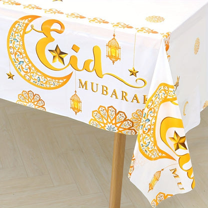 1 Elegant White & Golden Moon Eid Tablecloth with "Eid Mubarak" Design and Islamic Motifs, Disposable Plastic Cover for Ramadan Kareem and Eid Al Adha Celebrations, Ideal for Muslim Party