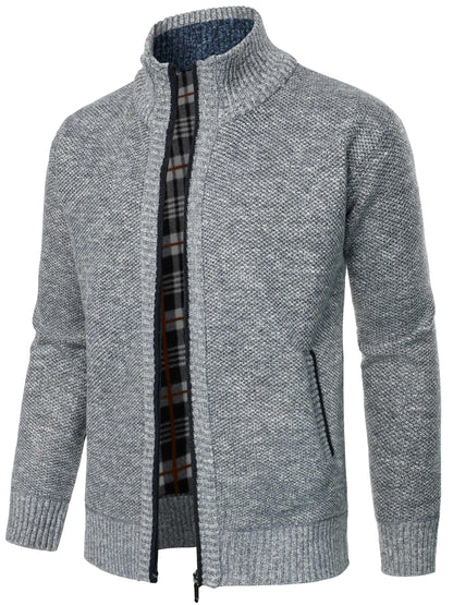 Men's Casual Knit Cardigan - 100% Polyester, Long Sleeve, Regular Fit, Stand Collar, Zip-Up, Fashionable Pullover for Autumn/Winter