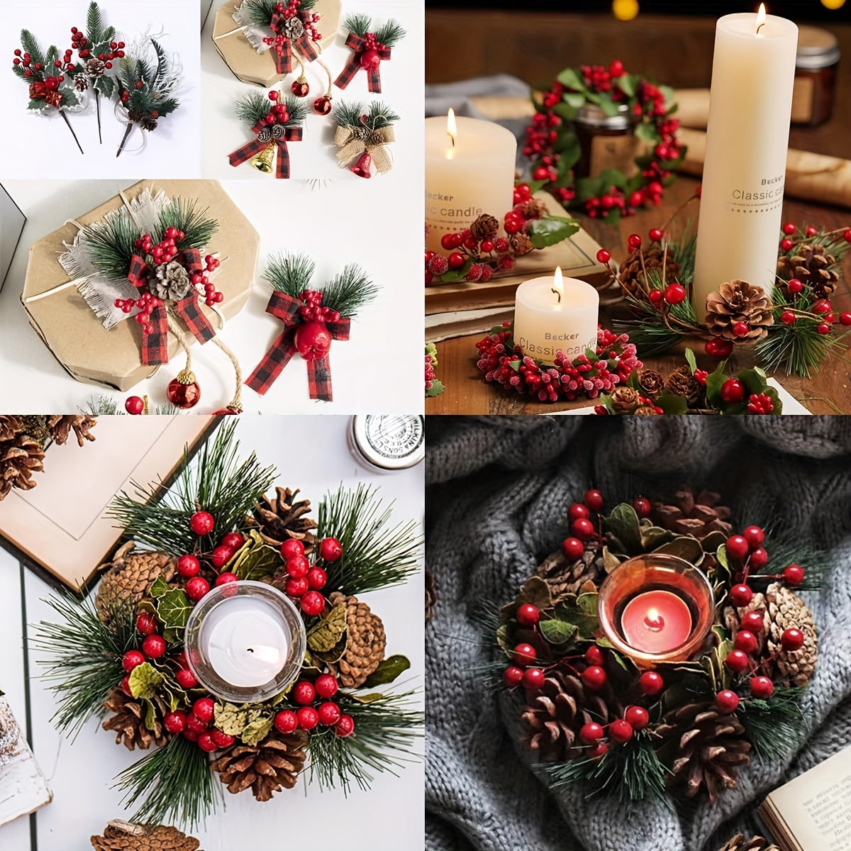 24 artificial pine picks with red berries and pinecones, perfect for DIY wreaths and seasonal decor.