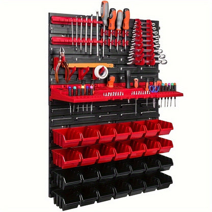 47-piece DIY Woodworking & Automotive Hand Tool Organizer Kit with Wall-Mounted Plastic Storage Bins and Tool Holders for Garage - Heavy-Duty Rack System for Small Hardware - Easy to