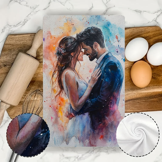 Two pieces of romantic watercolor couple kitchen towels.
These towels are ultra soft and highly absorbent, made of polyester.
With dimensions of 40.64x60.96 cm, they are perfect for drying dishes.
They are machine washable and feature vibrant holiday