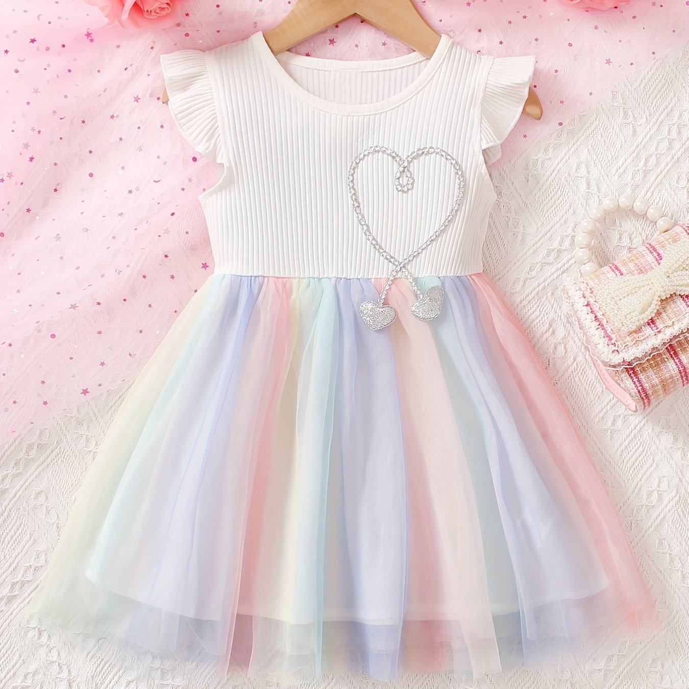 Rainbow tutu princess dress with rhinestone decor and flying sleeves for summer.