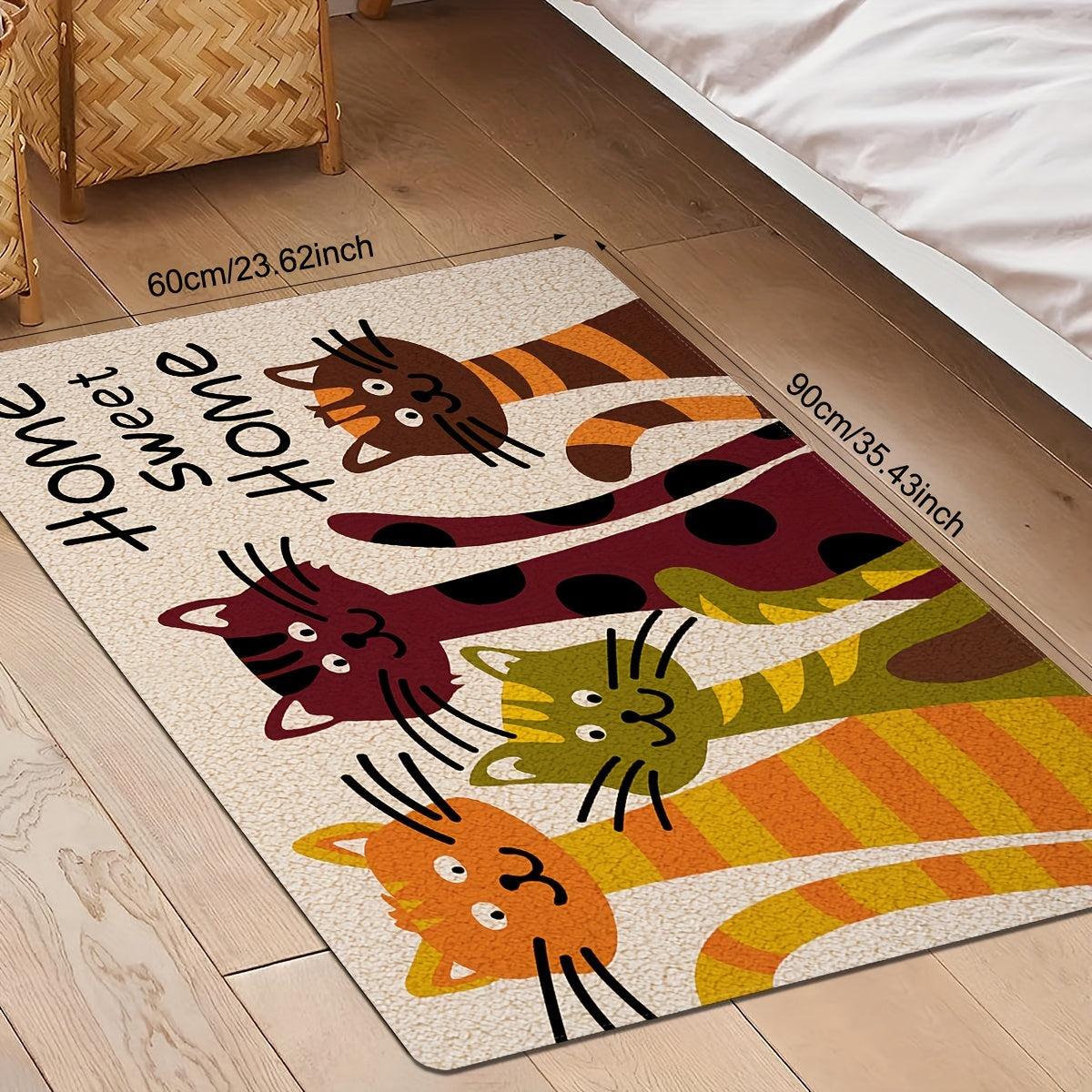 One piece of an entrance floor mat, featuring a giant cat homecoming alphabet print pattern. Made of polyester, this non-slip and stain-resistant floor mat is suitable for indoor and outdoor use as a doormat for the entrance.