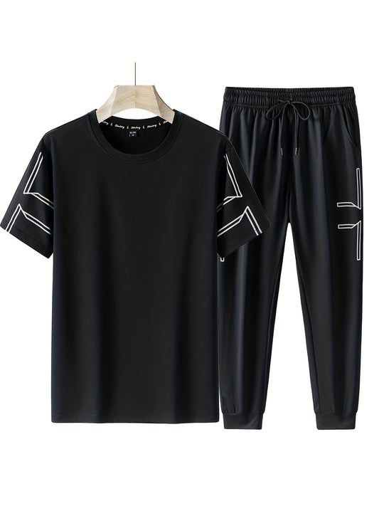 Men's 2 piece outfits with geometric line pattern t-shirt and drawstring jogger pants.