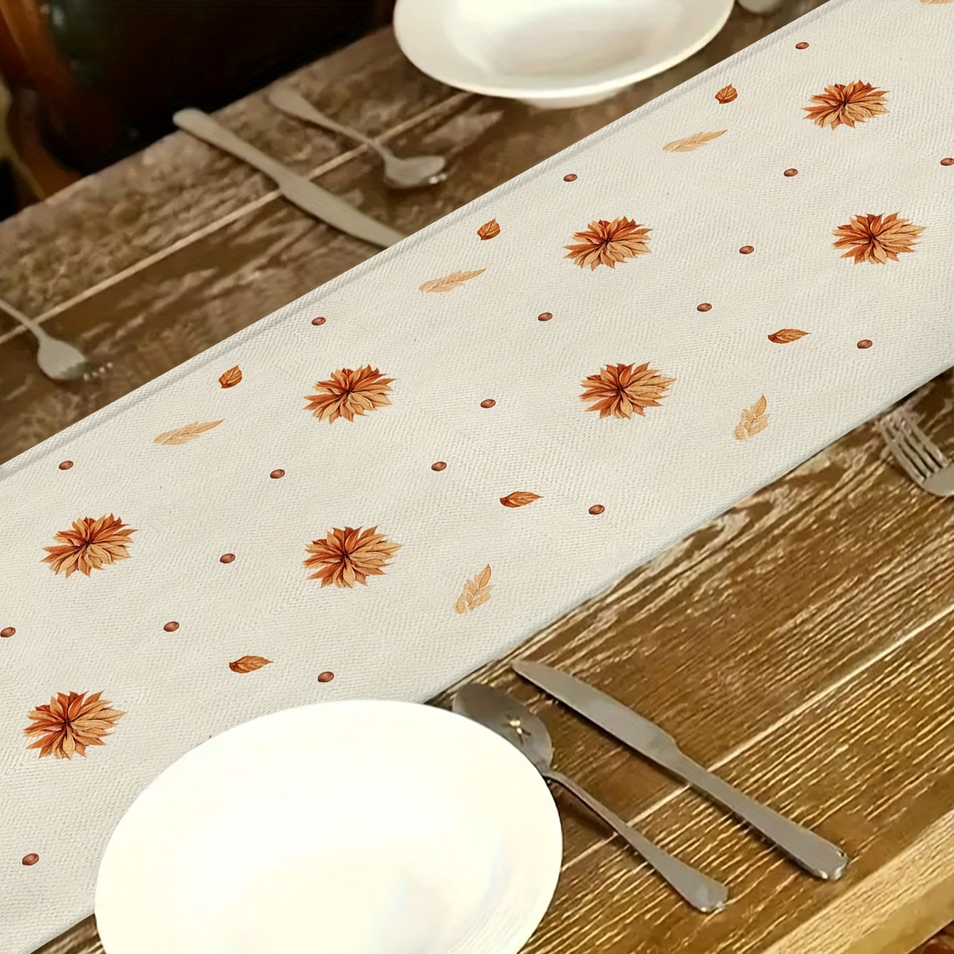 1 piece of Autumn Harvest Festival Linen Table Runner, 33.02cm x 182.88cm, Thanksgiving and Fall Season Decor, Pumpkin Design, Knit Fabric made of 100% Polyester. Ideal for Indoor and Outdoor Parties.