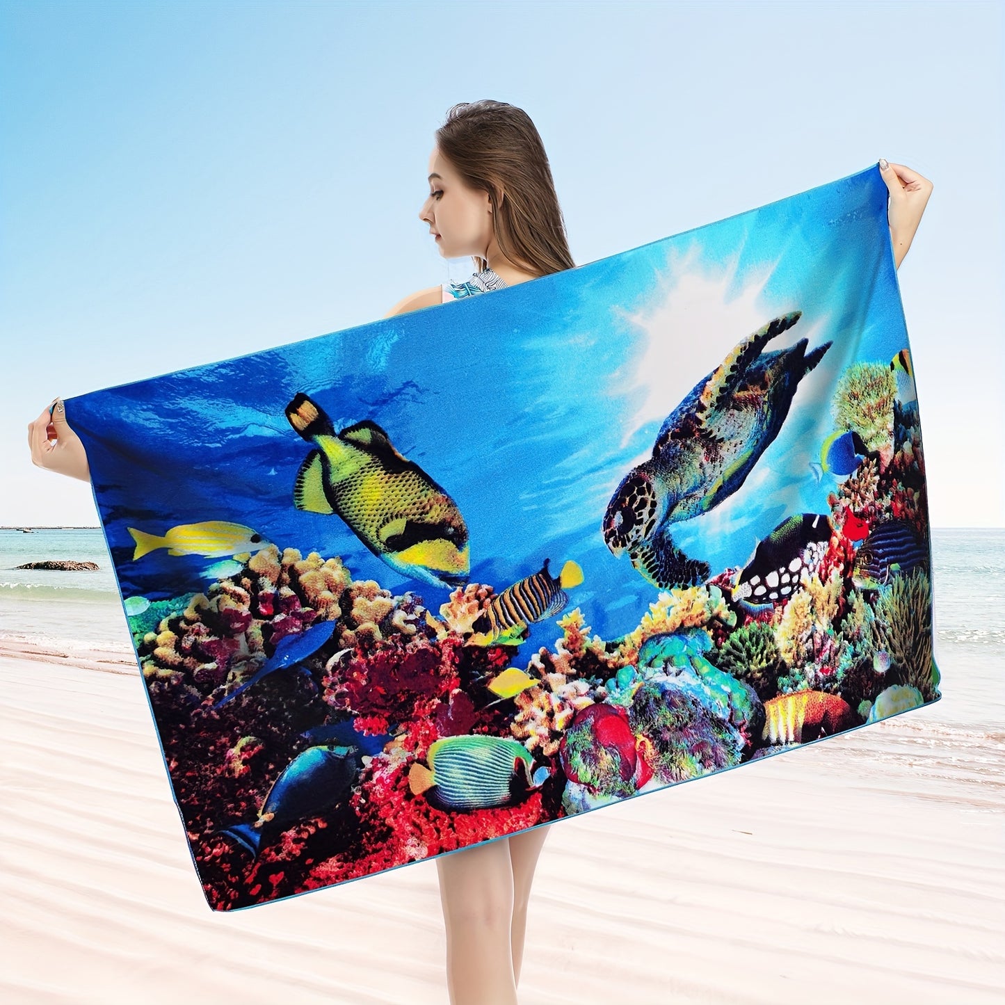 Tropical-themed microfiber beach towels (27.5”x 55”) with vibrant ocean prints. Quick-drying, soft, and absorbent. Ideal for swimming, surfing, yoga, camping, and fitness. Compact and lightweight.