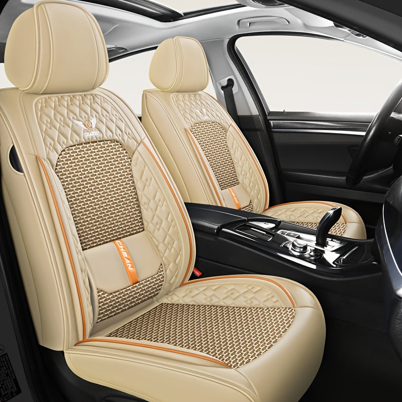 Luxury car seat covers for 5-seat cars in navy blue with orange accents. Made of breathable mesh and PU leather for maximum comfort. Ergonomic contour fit. Includes headrest. Vehicle