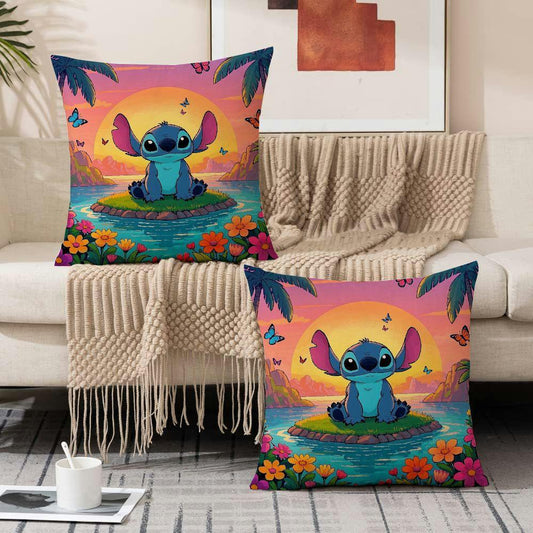 Two-pack polyester throw pillow covers featuring Disney Stitch and Angel themes, measuring 45.72x45.72 cm. These decorative cushion cases are perfect for adding a touch of whimsy to your sofa, living room, or outdoor decor.