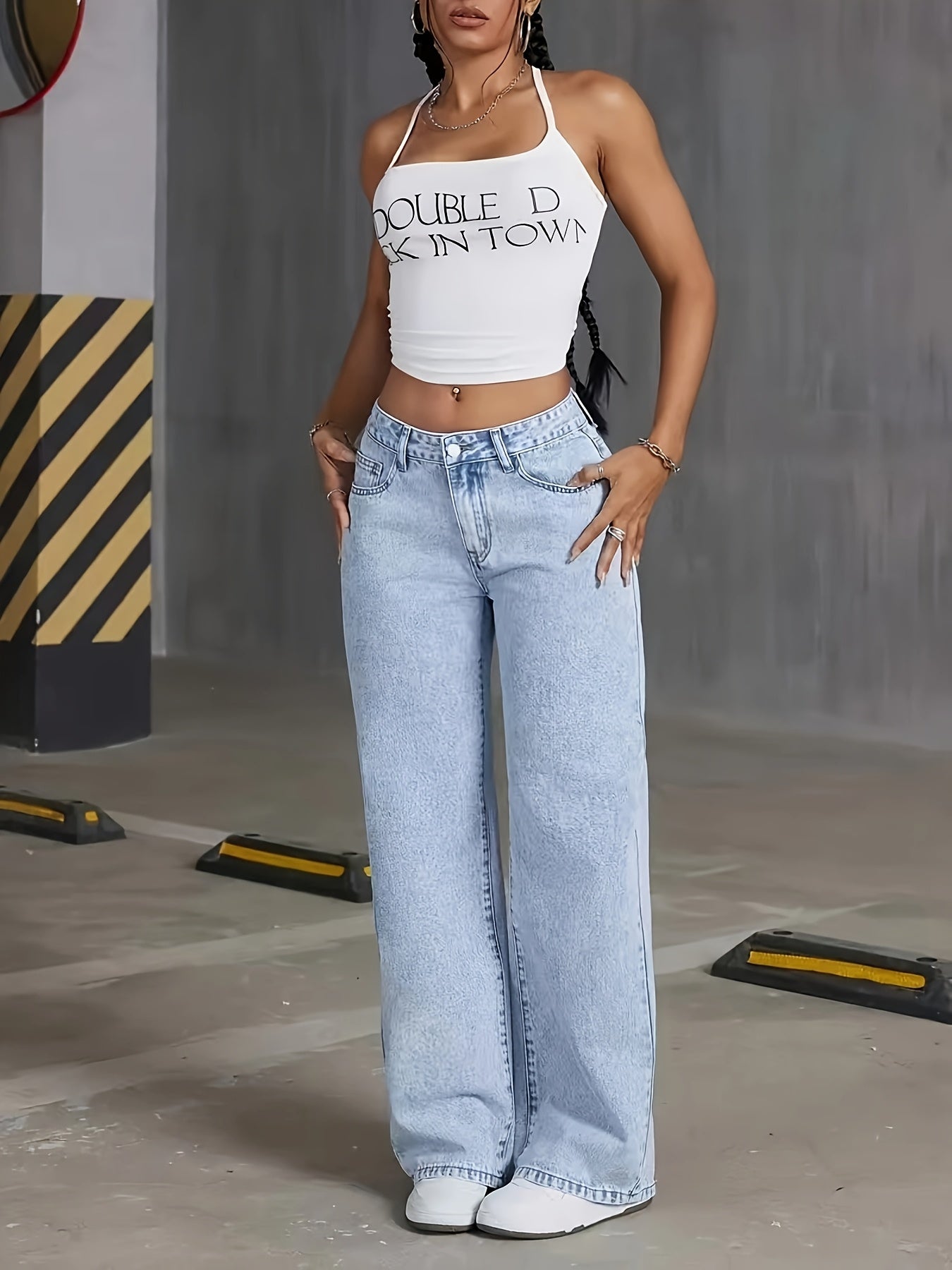 High-rise light wash blue denim wide-leg pants with butterfly details - street style, non-stretch fabric, machine washable.