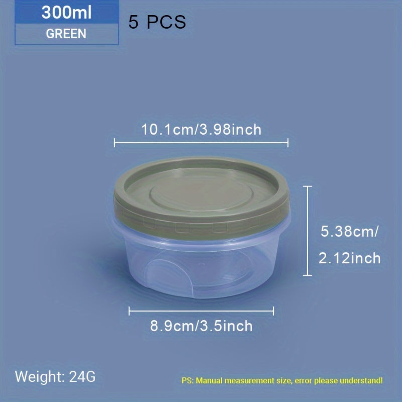 Five pieces of round plastic containers with reusable lids, ideal for storing food, snacks, and lunch. These small freezer storage jars come with screw lids and are microwave safe.