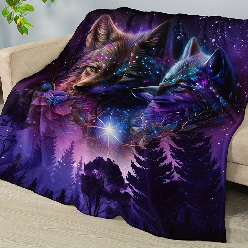 Starry Sky Wolf Print Flannel Blanket - Soft Warm Throw Blanket for Couch, Sofa, Office, Bed, Camping, and Travel - Multipurpose Gift Blanket for All Seasons - Fashionable and Cozy