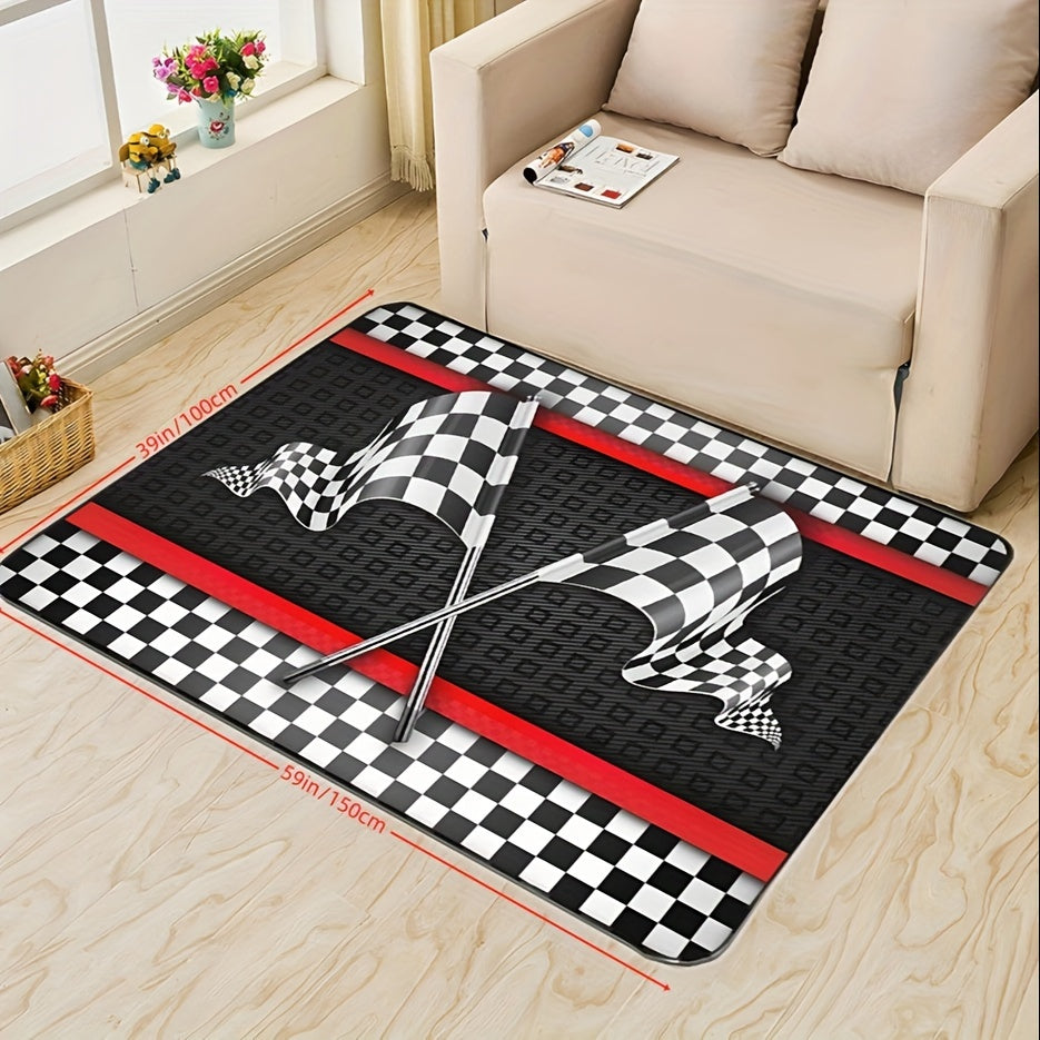 One high-quality Flannel Racing-Themed Mat, 1.1cm thick and non-slip, featuring a Black & White Checkered Flag design with Red Stripes. Machine washable and suitable for Teens, Boys, Girls, Men & Women. Versatile for use in the Living Room, Bedroom