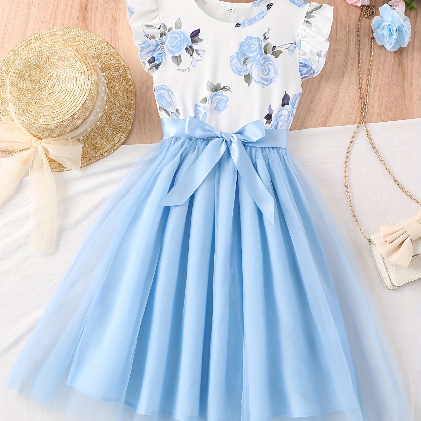 1pc Floral Print Girl's Dress: Elegant polyester summer dress with bow detail and spaghetti straps for children.