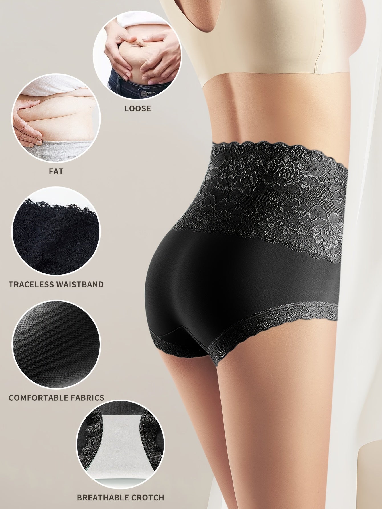 6 simple lace high waist briefs, soft and comfy panties for women's lingerie and underwear.