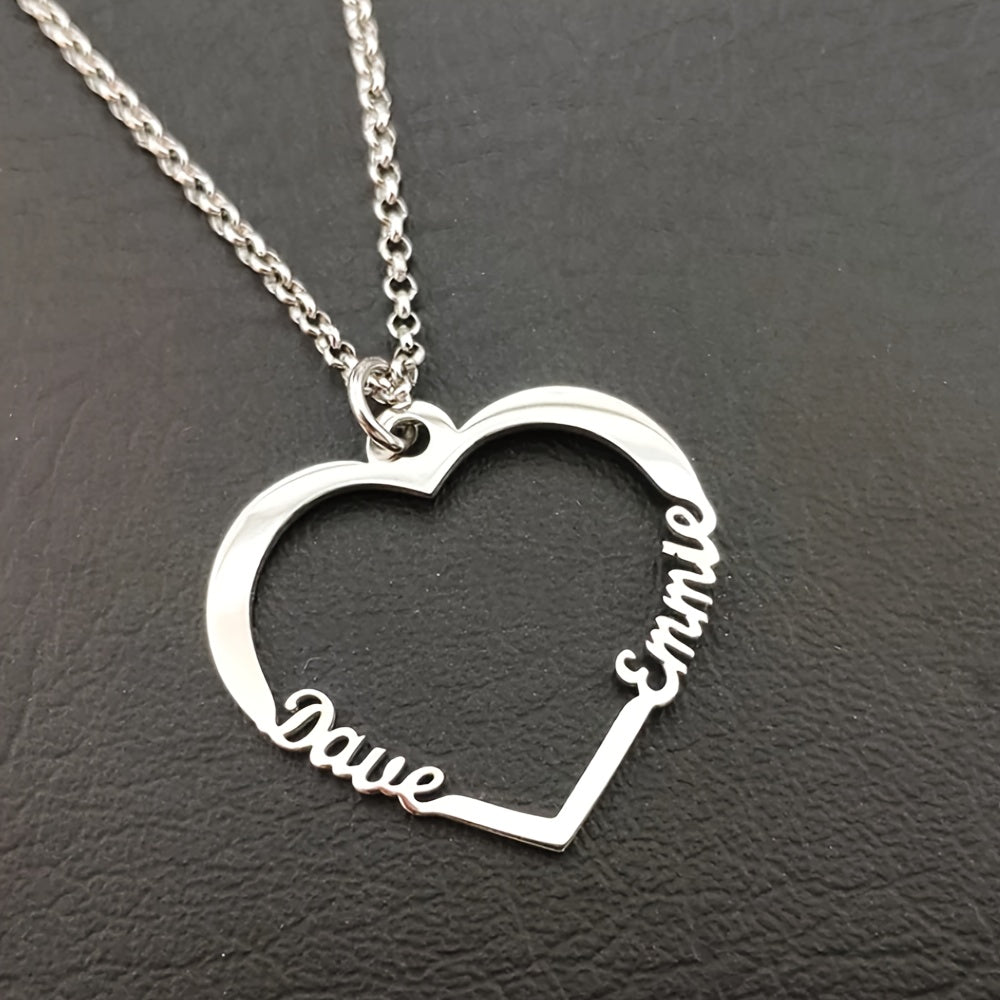 Personalized Heart Necklace with Two Custom Names, Stainless Steel Double Name Necklace, Personalized Name Necklace with Heart Pendant, Customized Necklace with Two Names