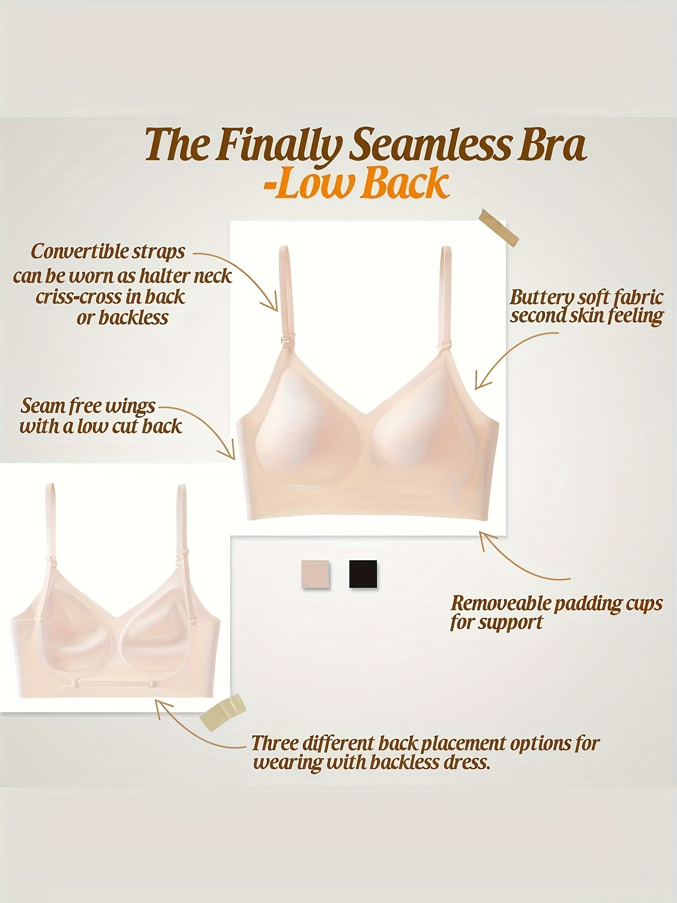 Wireless bra with removable pads, backless design, made from comfy, breathable nylon blend for women.