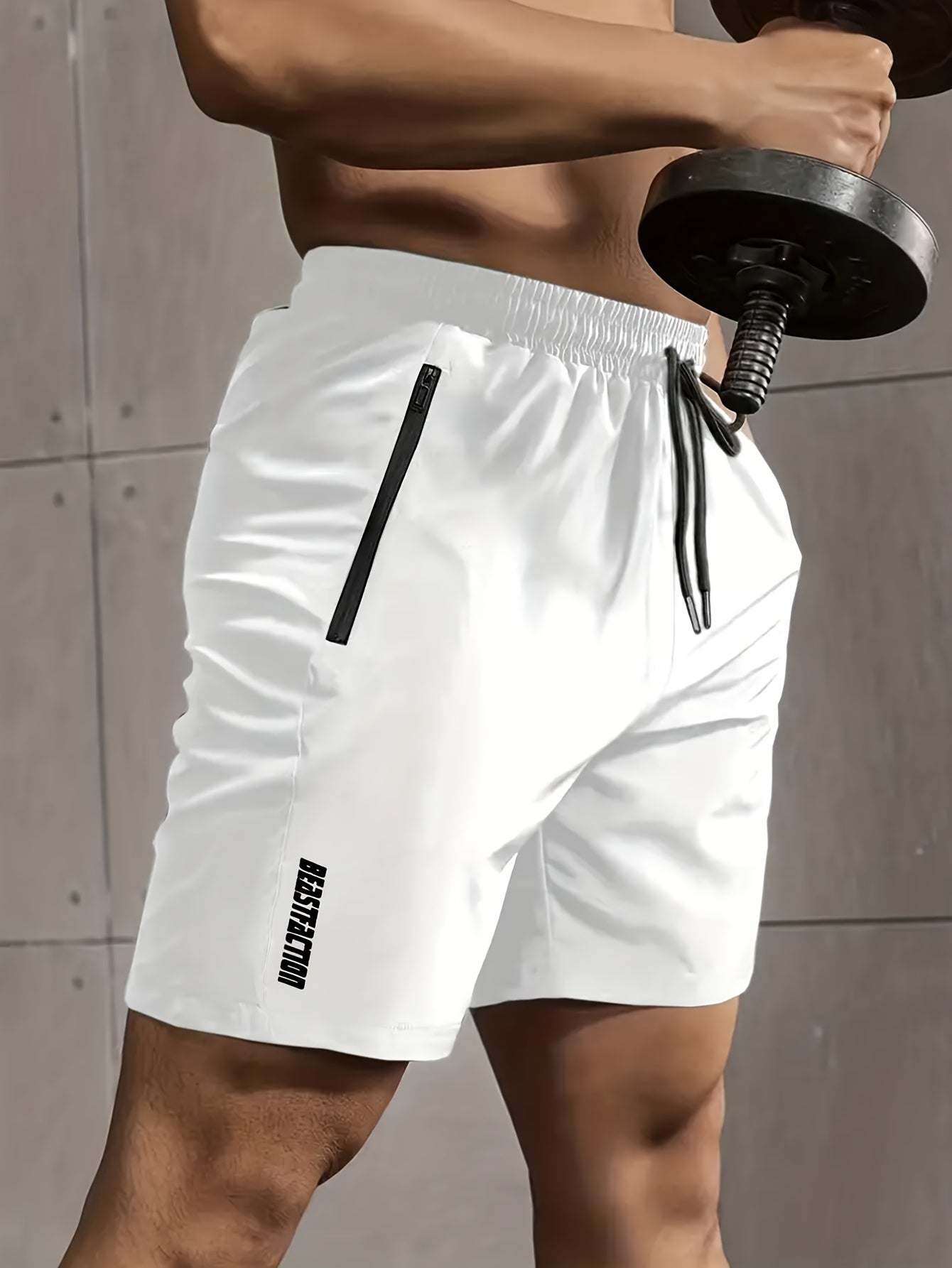 Solid men's shorts with zipper pockets, elastic waist drawstring for summer fitness.