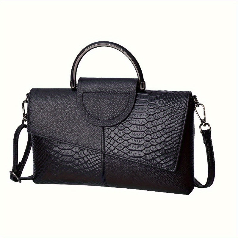 Luxurious black crocodile pattern handbag with zipper closure and polyester lining, ideal for everyday use. Features elegant top handle and sophisticated design.