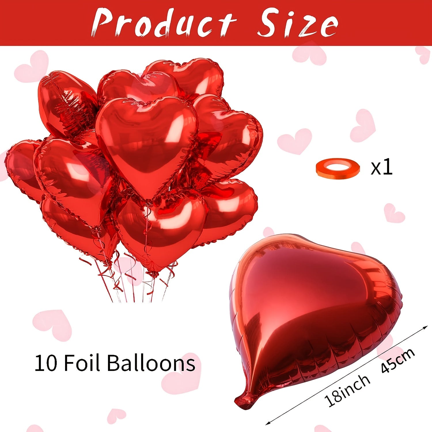 10-pack of heart-shaped aluminum foil balloons, perfect for Valentine's Day, birthdays, anniversaries, and holiday decorations.