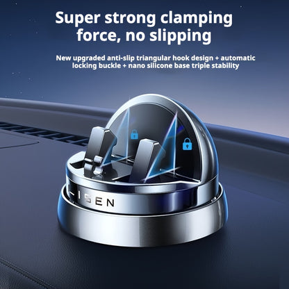 LISEN Rotatable Car Phone Holder with strong clamping force, anti-slip hook design, nano silicone base. Supports iPhone & Samsung, hands-free. Metallic finish, durable.