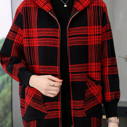 Women's Casual Plaid Hoodie Jacket - Loose Fit with Pockets, Long Sleeve Spring/Fall Outerwear, Black & White Polyester Blend, Machine Washable, Zip Up Hoodie