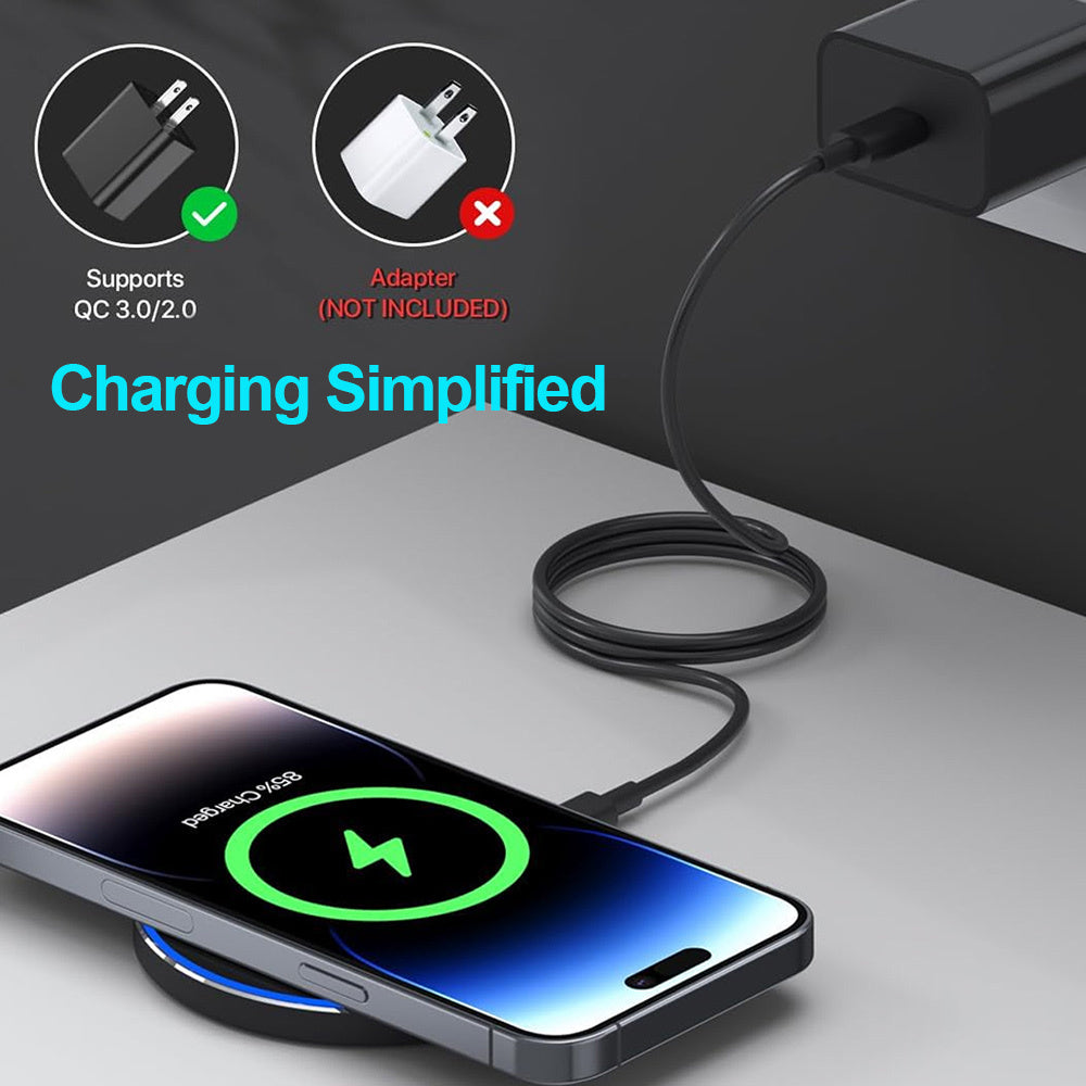 Wireless charging pad with USB-C, LED indicator for mobile phones.