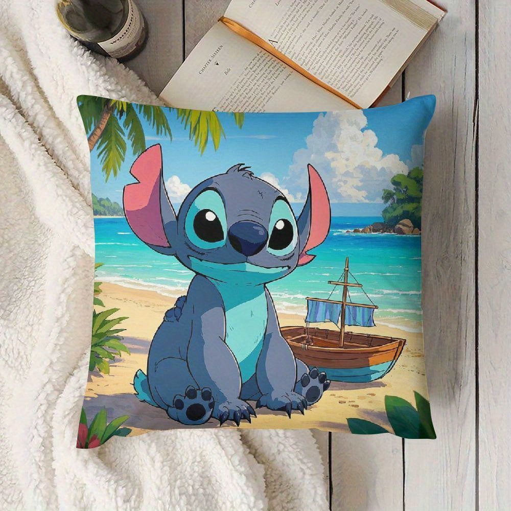 Two-pack of Disney Stitch beach scene throw pillow covers for both indoor and outdoor living room decor, featuring traditional style cushion cases.