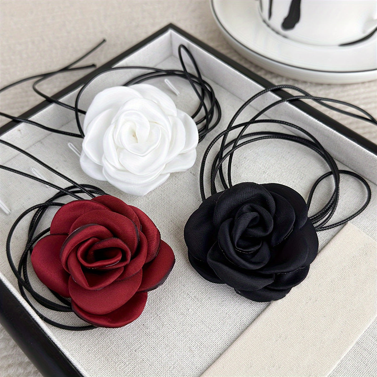 Set of 3 Stylish Fabric Rose Flower Necklaces - Perfect for Women's Parties and Everyday Wear, Can be Worn in Multiple Ways