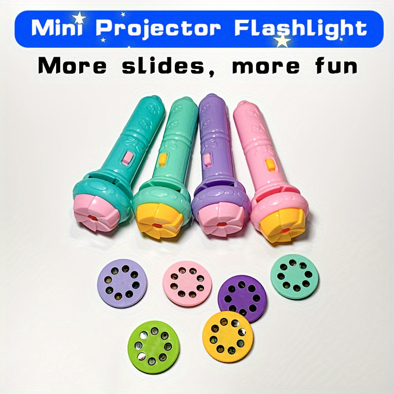 Projection flashlight for kids with 32 patterns featuring animals, dinosaurs, cars, and space for fun learning and bedtime education.