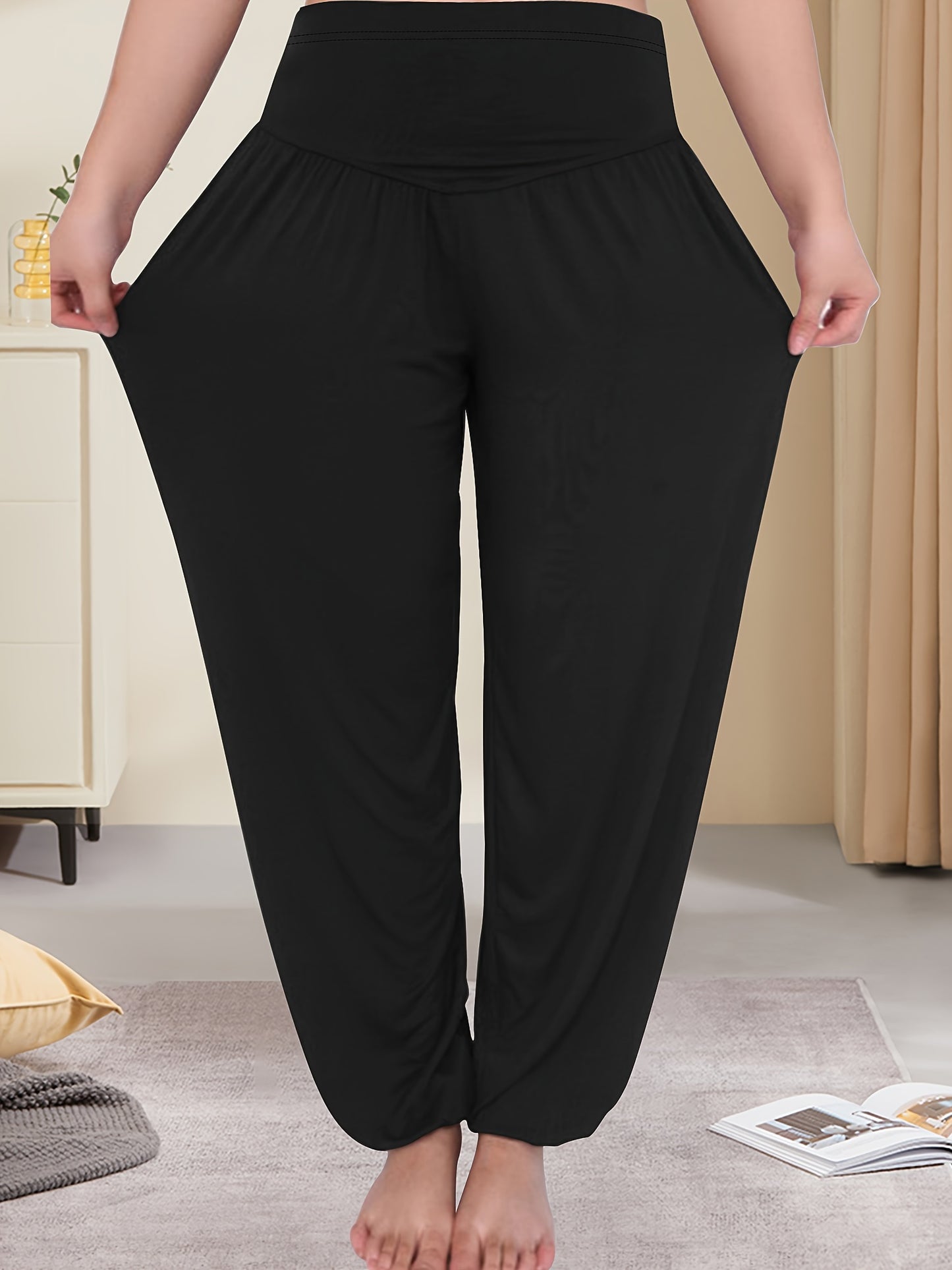 High-waist lantern pants in navy blue, stretchy polyester blend, machine washable, perfect for spring/summer/fall.