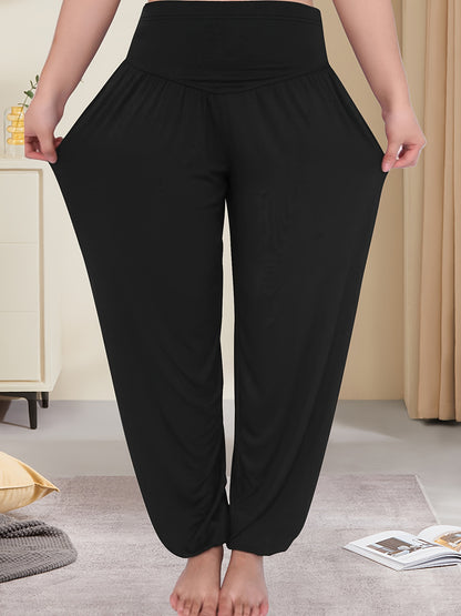 High-waist lantern pants in navy blue, stretchy polyester blend, machine washable, perfect for spring/summer/fall.