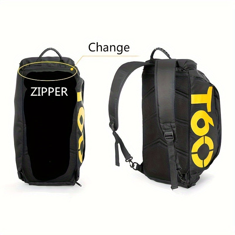 TT060 Large Waterproof Gym Bag with Zip Closure, Stylish Black & Yellow Letter Design, Ideal for Men & Women.