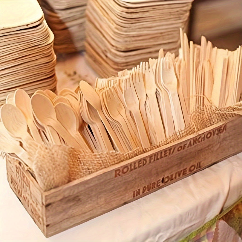 Bamboo Wooden Disposable Cutlery Set (100 pieces - 50 Forks, 25 Spoons, 25 Knives) Perfect for Wedding Parties, Outdoor Camping, and Food Service Events