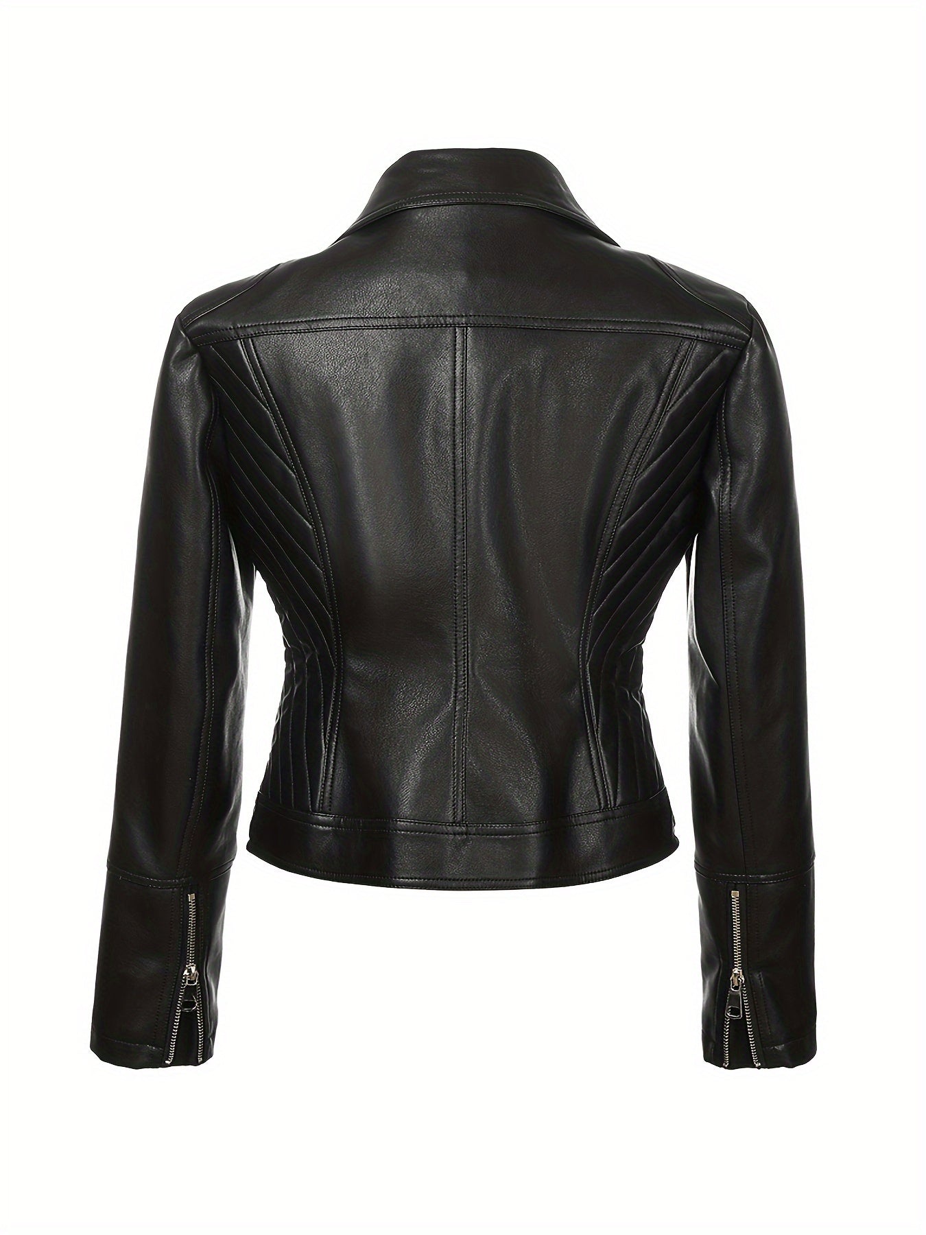 Plus-size black PU leather moto jacket with long sleeves, zip-up front, and buttoned cuffs for versatile fall/winter style.