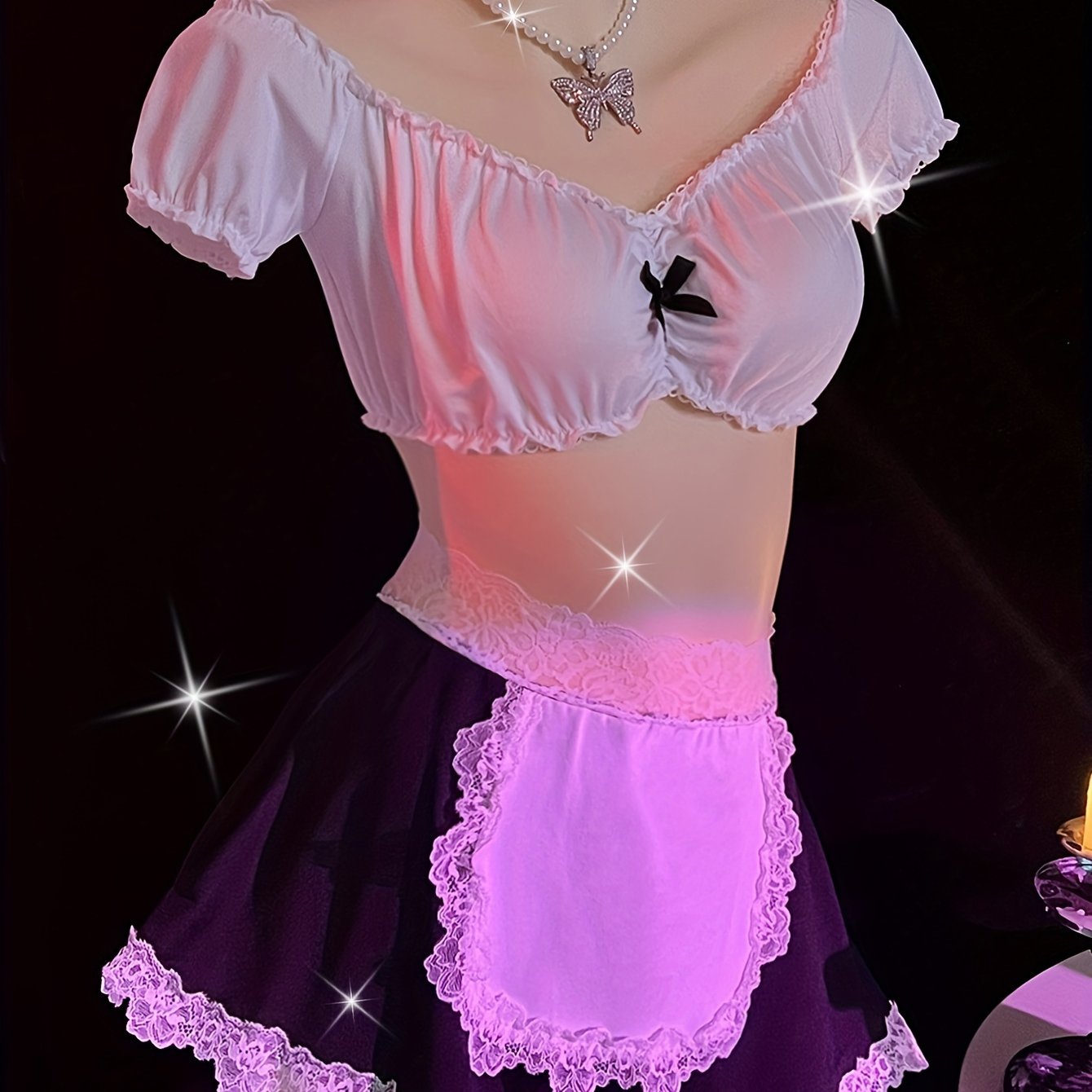 Stylish off-shoulder maid costume with sexy lace detail, made from a blend of polyester and elastane, not see-through - ideal for role play.