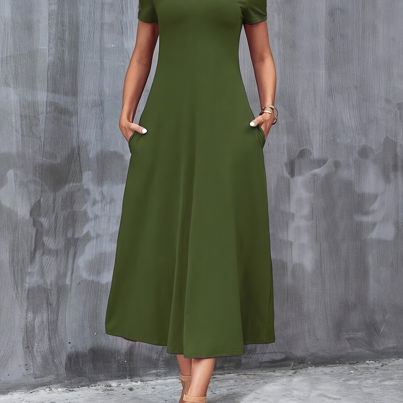 Women's Elegant Green V-Neck A-Line Dress with Pockets, Casual Polyester Blend, Machine Washable, Perfect for All Seasons, Comfortable Fashion with Glossy Texture.